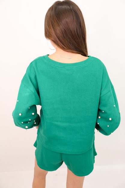 Pearl Embellished Casual Skort Set - Green