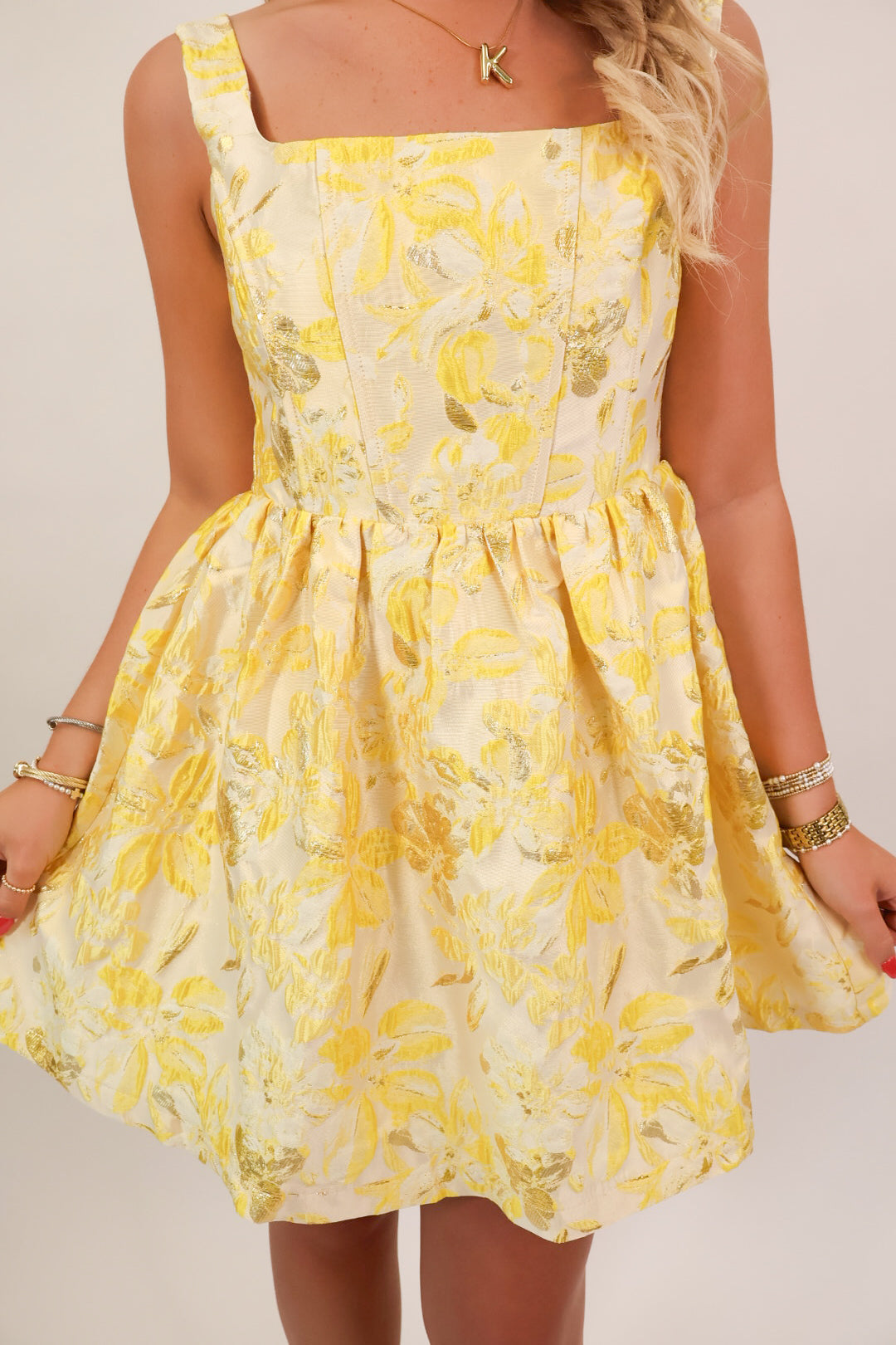 Gilded Bloom Babydoll Mini Dress