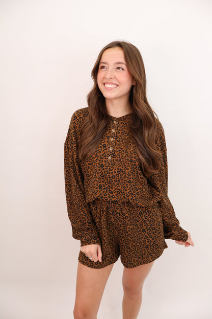 Soft Leopard Casual Shorts Set - Camel/Black