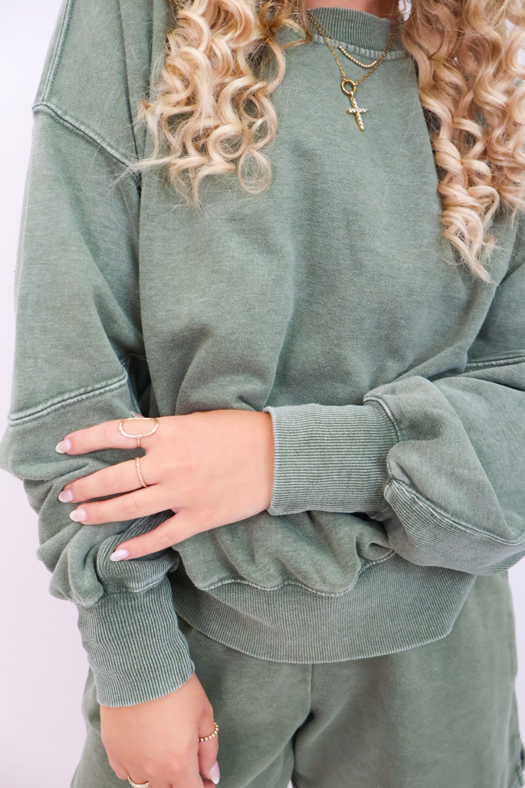 French Terry Pullover and Shorts Set - Washed Olive