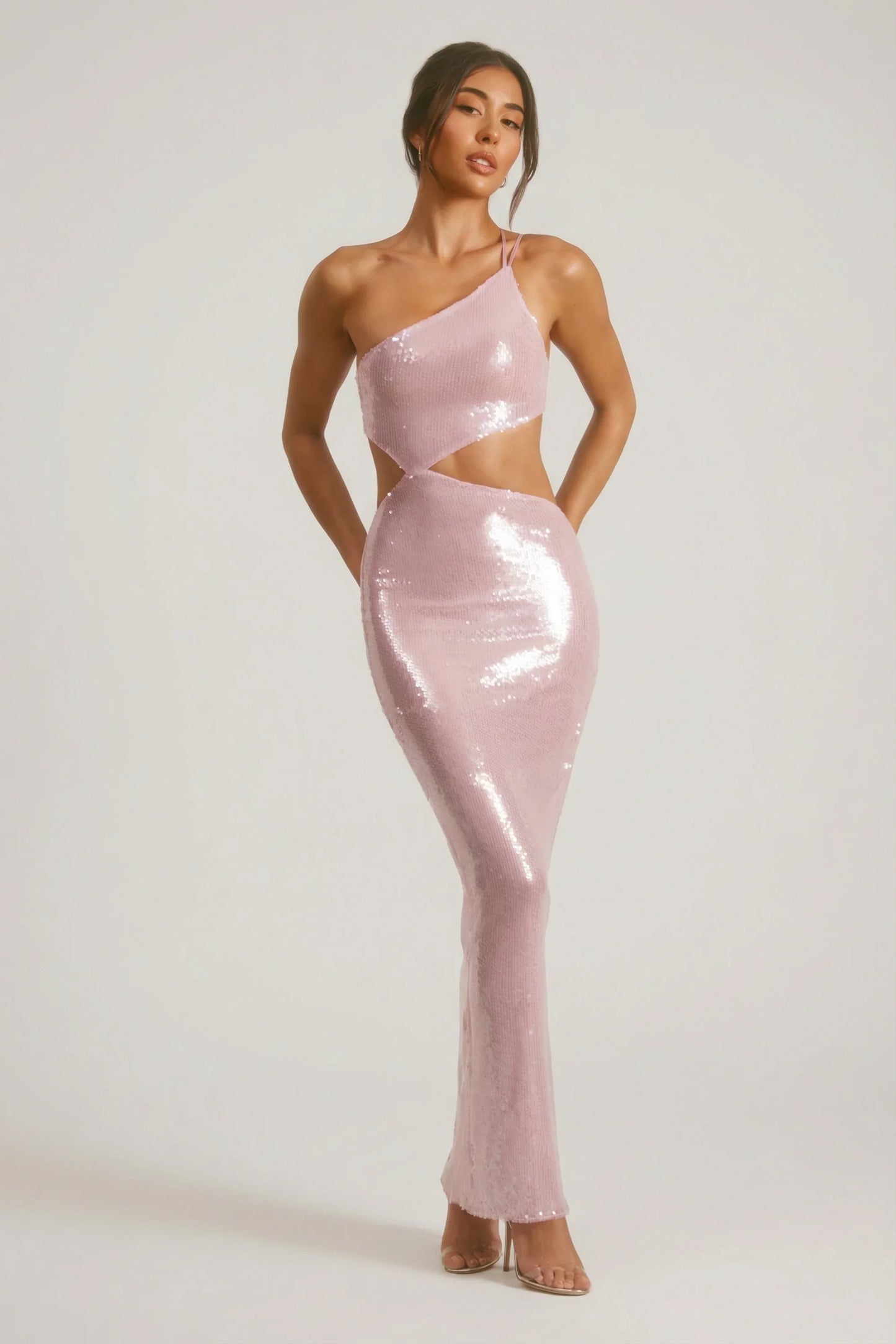 Sheer Sequin One Shoulder Cut Out Maxi Dress in Lilac