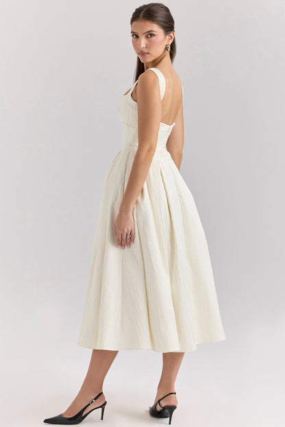 ivory textured satin corset midi dress