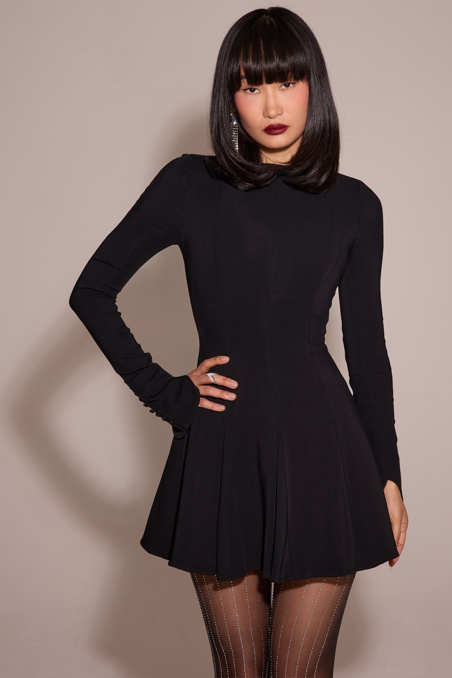 black stretch crepe godet mini dress