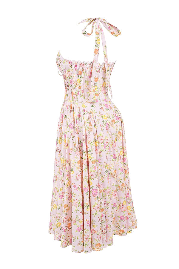 pink meadow print cotton halter midi sundress