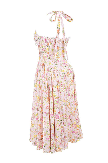pink meadow print cotton halter midi sundress
