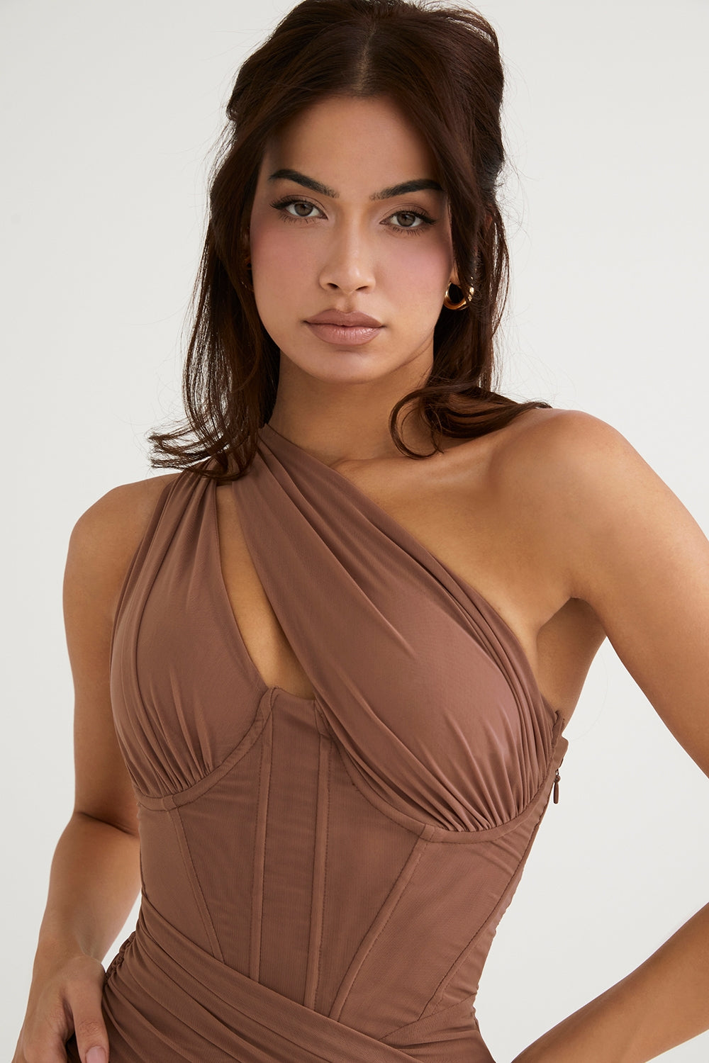 mocha asymmetric cutout midi dress
