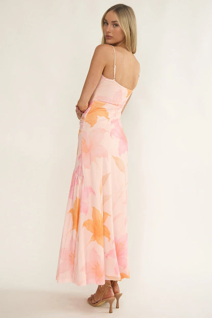 Azure Sun Drop Waist Split Maxi Dress Print Orange