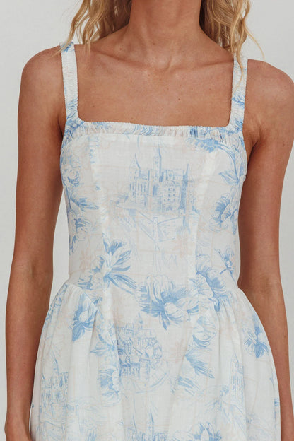El Corazon Smocked Neckline Maxi Dress Print Blue