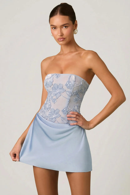 Embellished Draped Strapless A-Line Mini Dress in Sky Blue