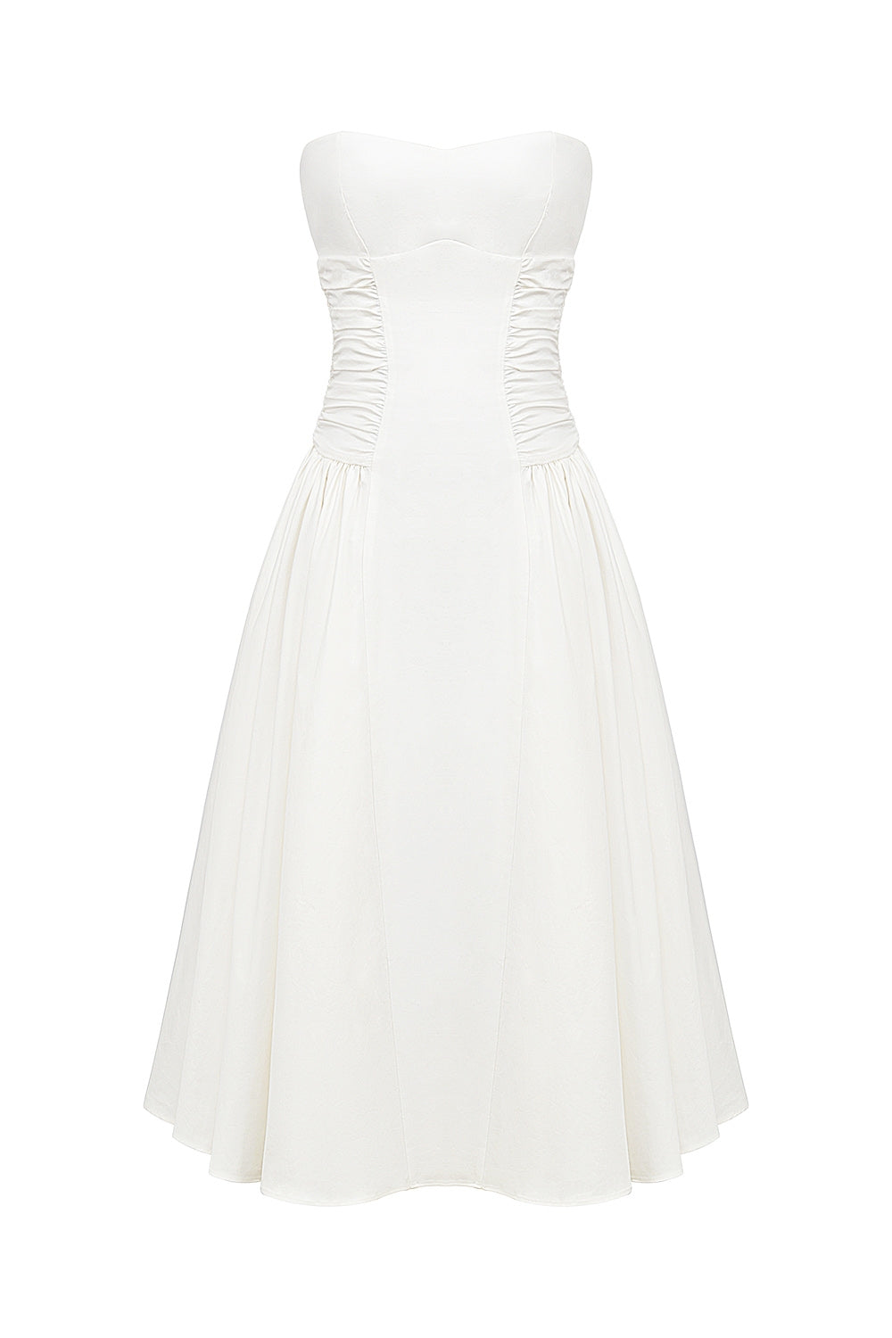 white cotton strapless midi sundress