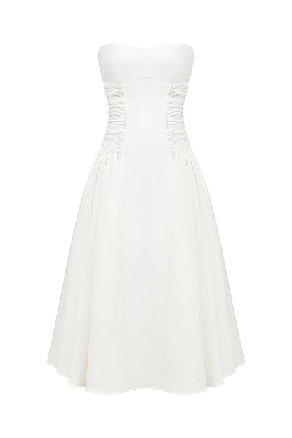 white cotton strapless midi sundress