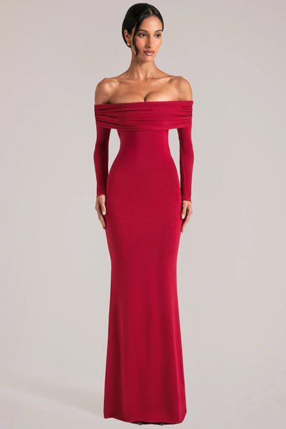 Off-Shoulder Long-Sleeve Maxi Dress in Cherry Red
