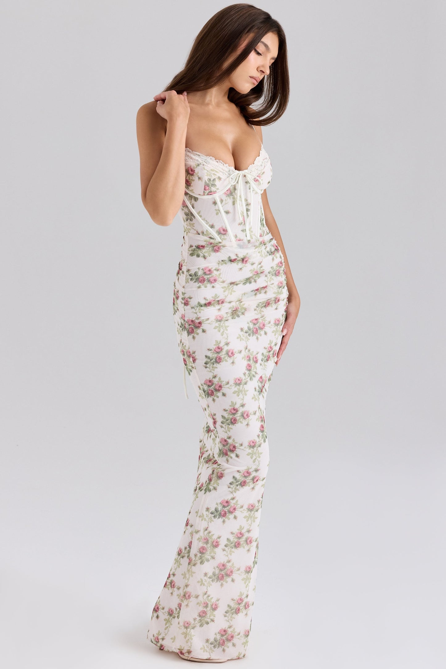 cream rose print mesh maxi dress