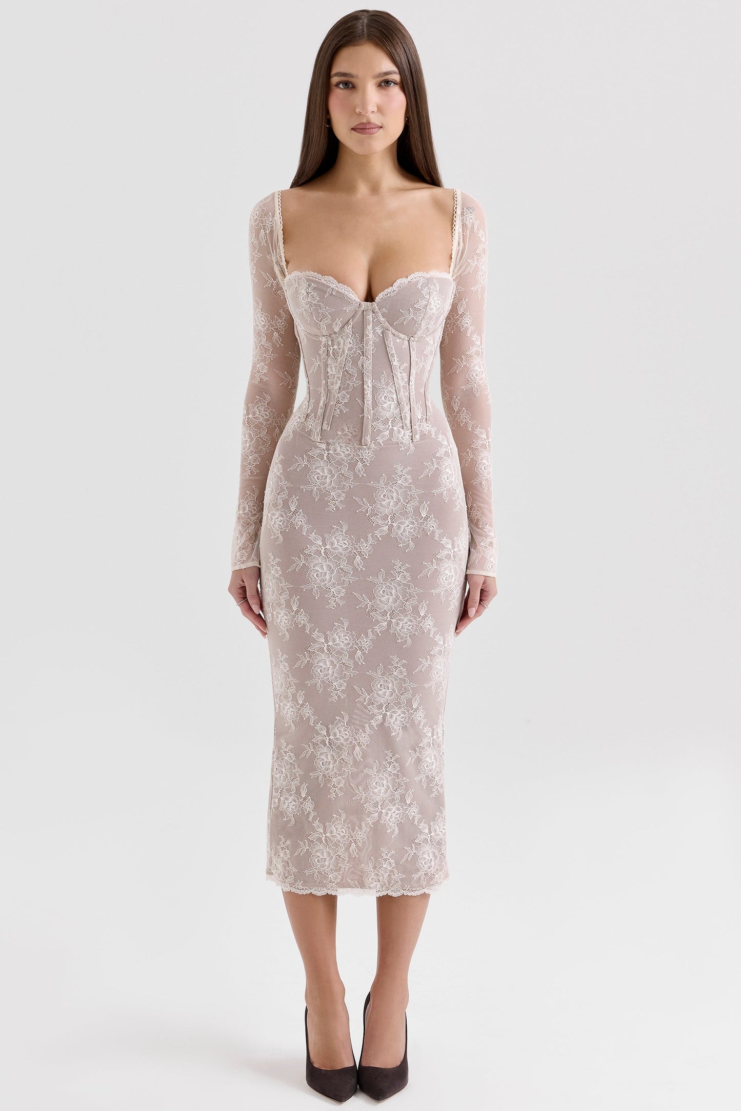 ivory lace long sleeve midi dress