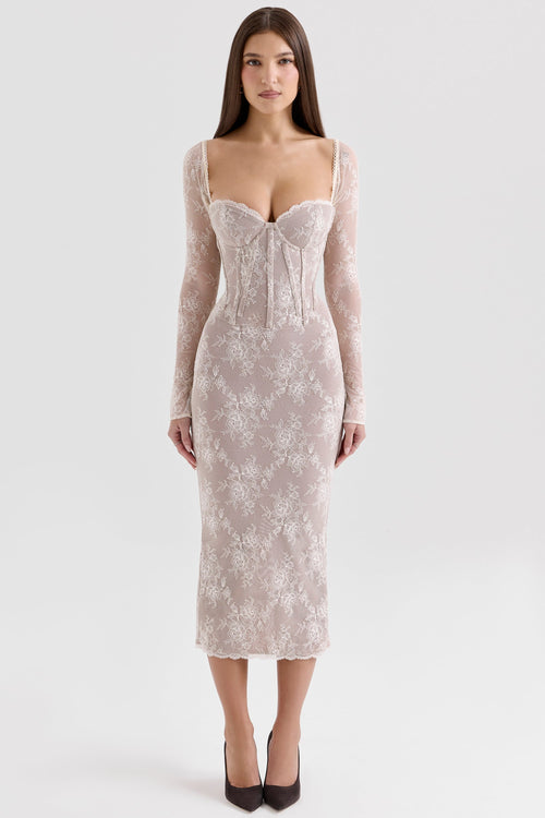 ivory lace long sleeve midi dress
