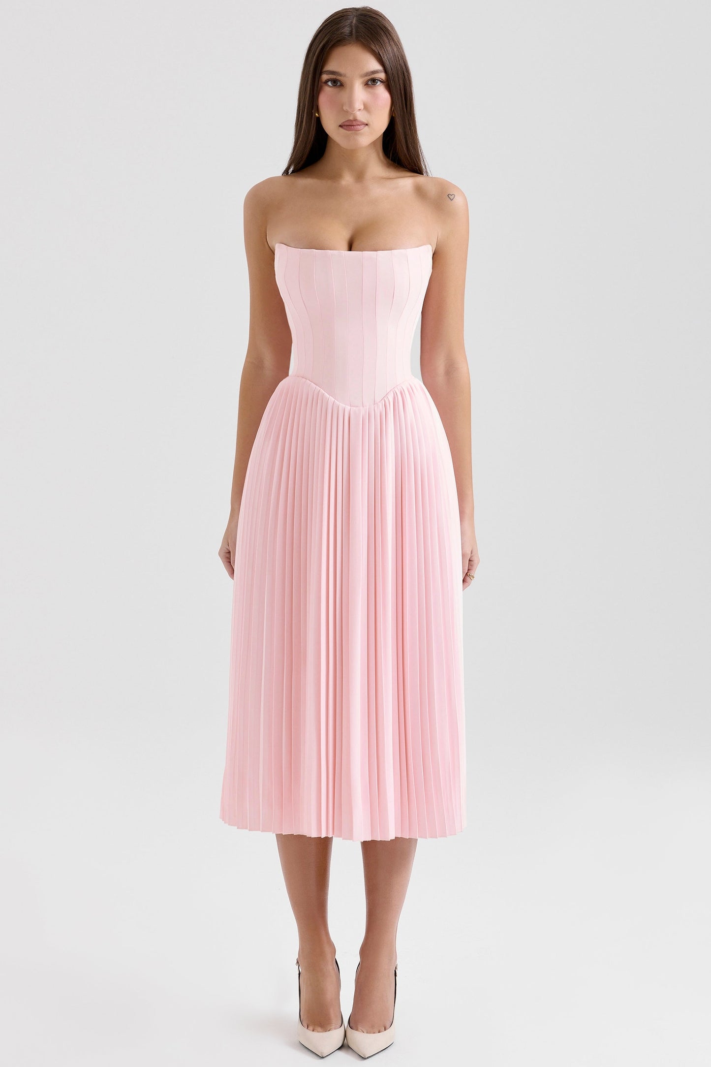 pink pleated midi corset dress