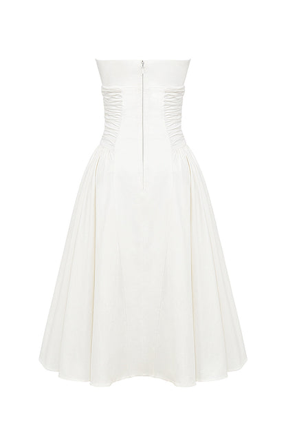 white cotton strapless midi sundress