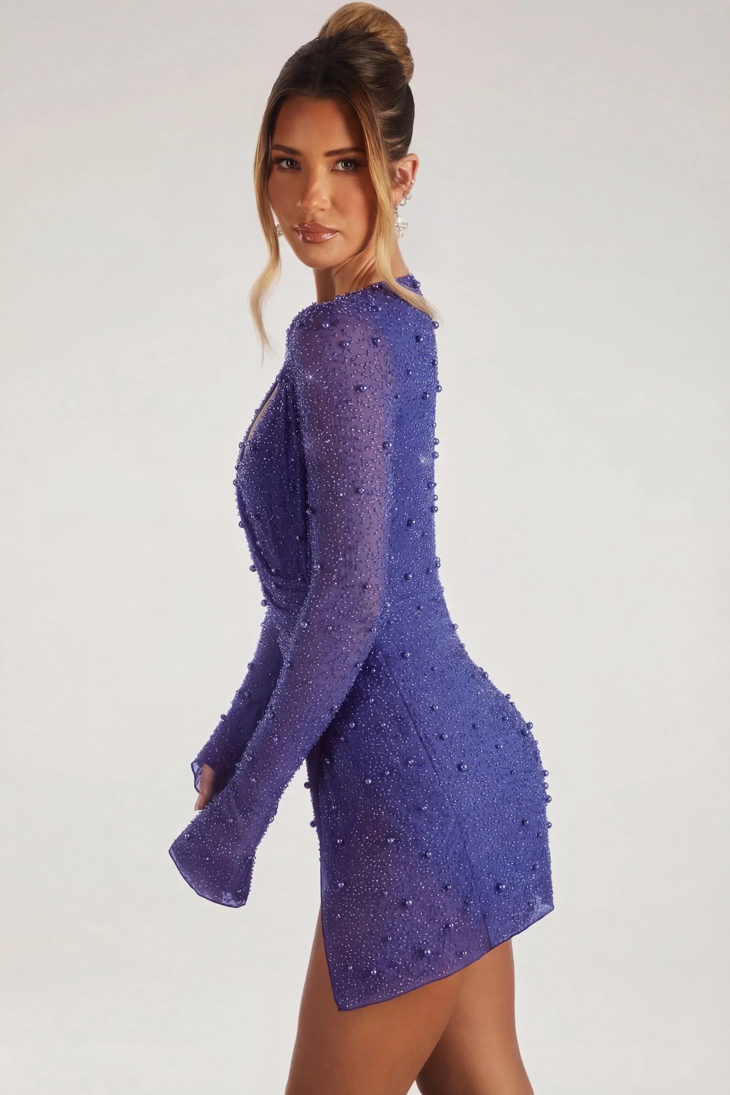 Embellished Wrap Over A-Line Mini Dress in Dark Blue