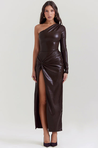 cocoa vegan leather maxi dress