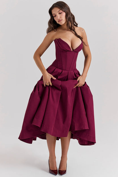 wine strapless midi dress