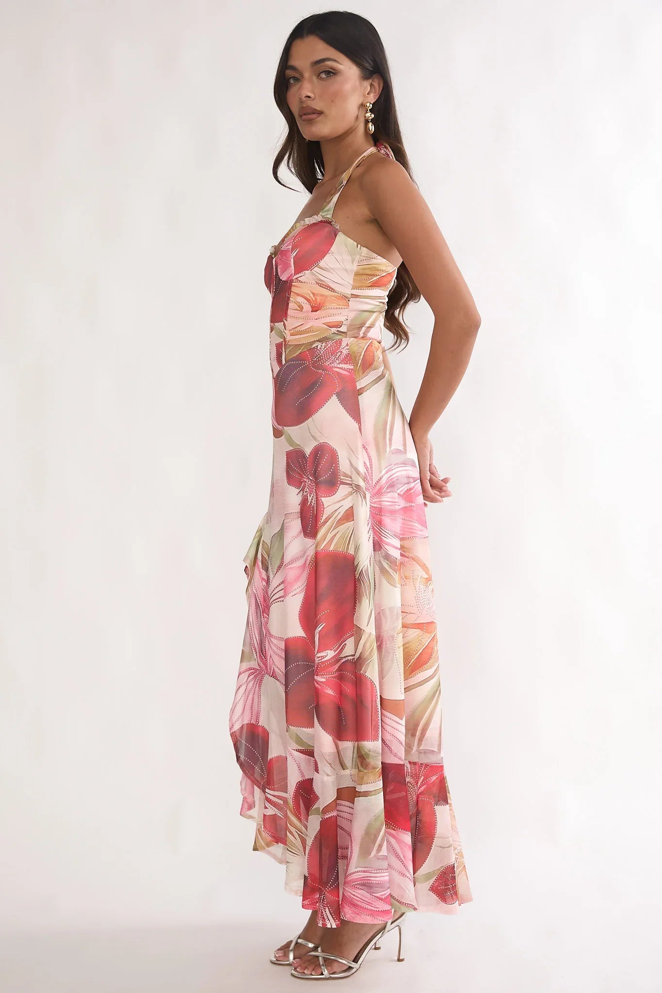 Moonlit Magic Halterneck Split Maxi Dress Floral Red