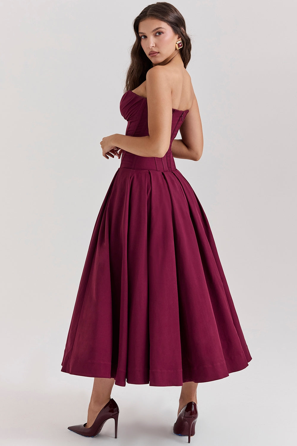 wine strapless midi dress