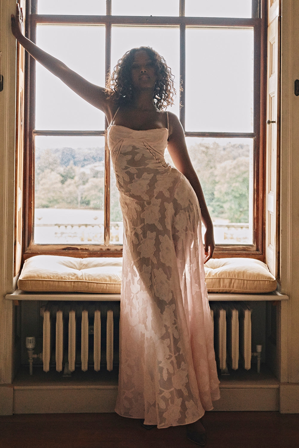 soft pink floral lace back maxi dress