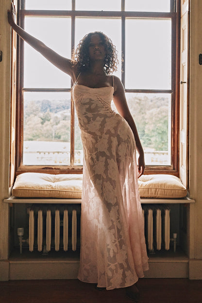 soft pink floral lace back maxi dress