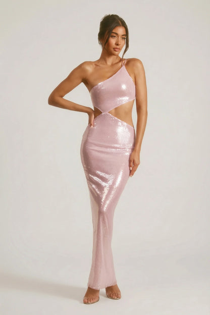 Sheer Sequin One Shoulder Cut Out Maxi Dress in Lilac