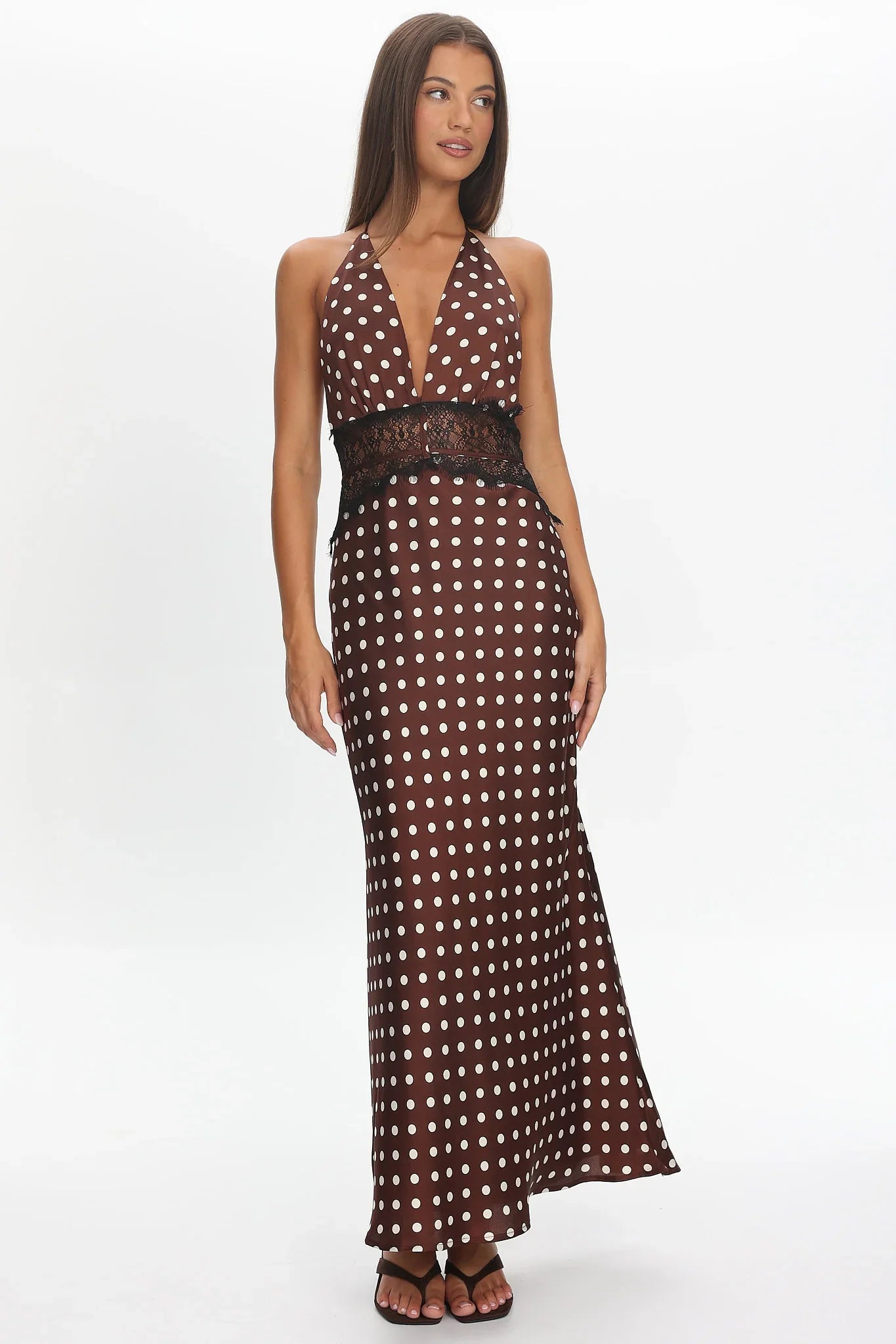 Tarly Lace Waist Halter Maxi Dress Polka Dot Chocolate