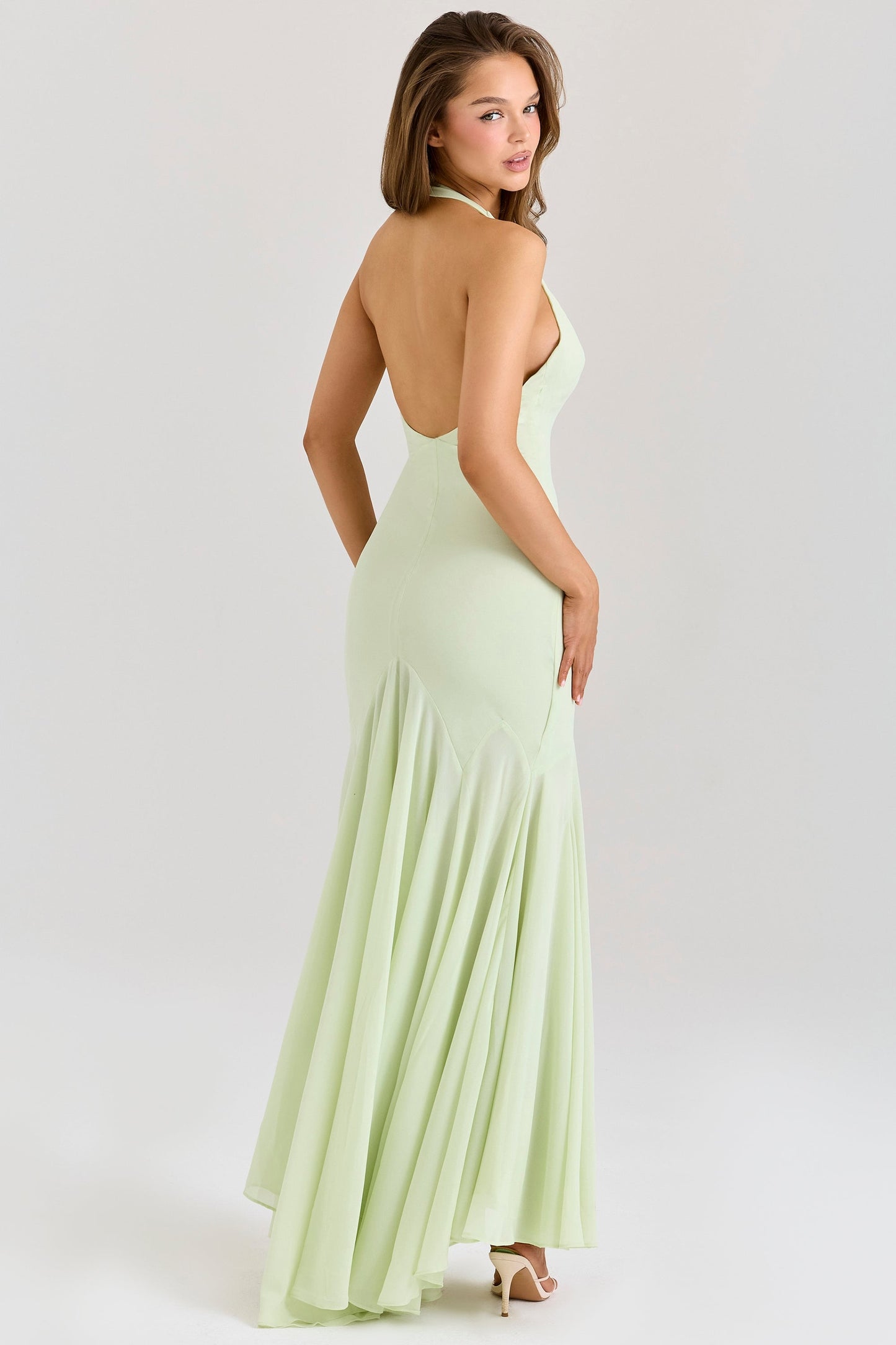 pistachio georgette draped midi dress