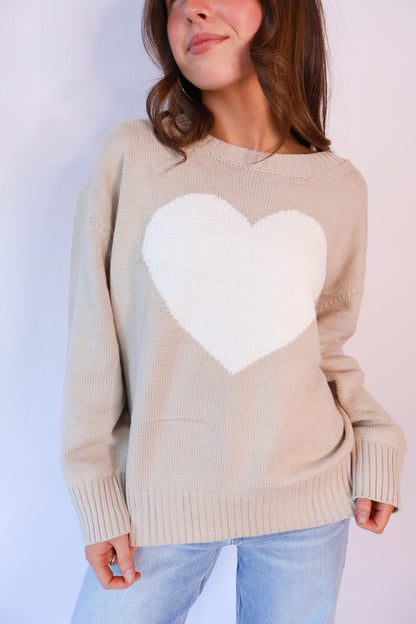 Oversized Heart Sweater - Taupe