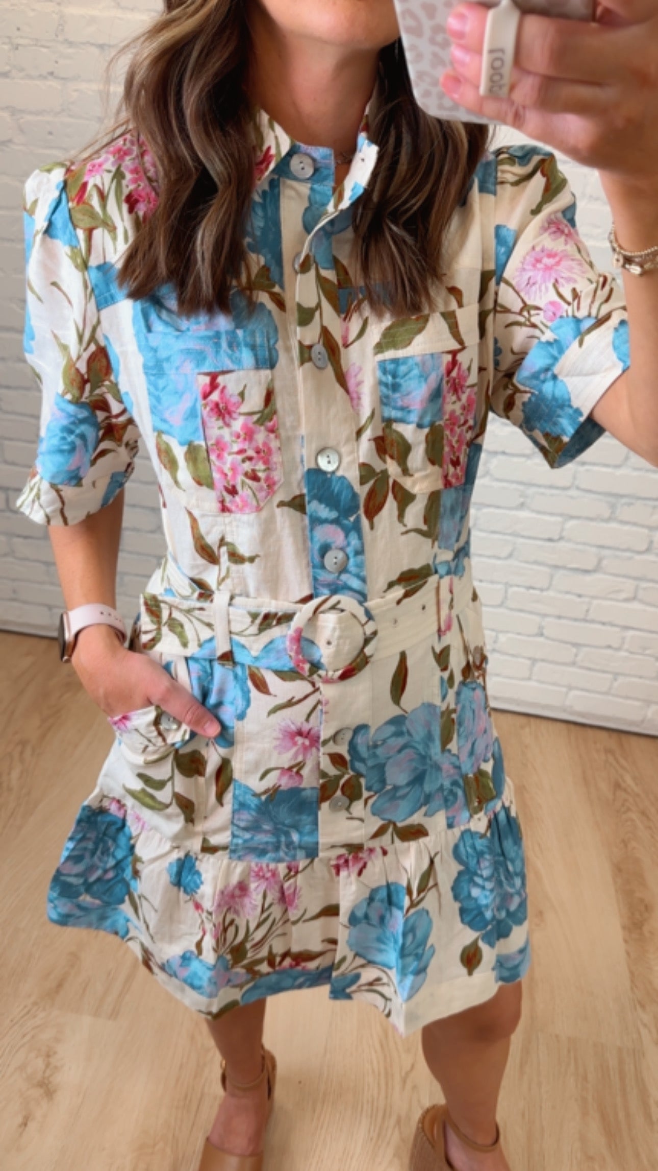 Blue Floral Linen Blend Belted Shirt Dress