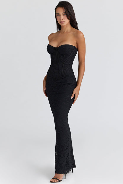 black lace corset maxi dress
