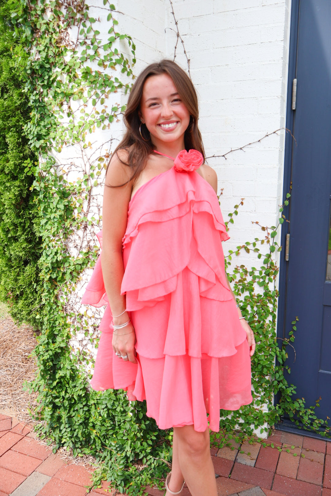 Tiered Rose Bud Halter Dress - Coral