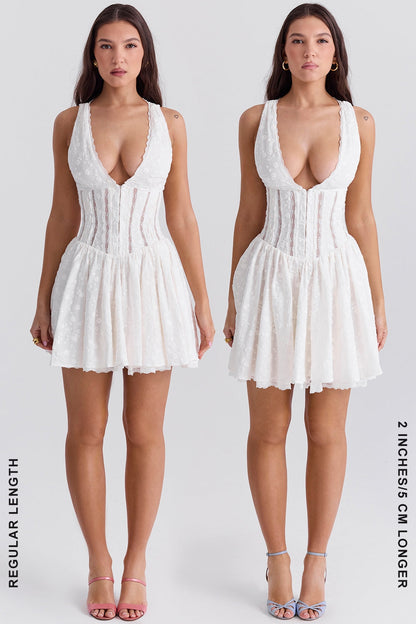 white cotton broderie anglais plunge mini dress