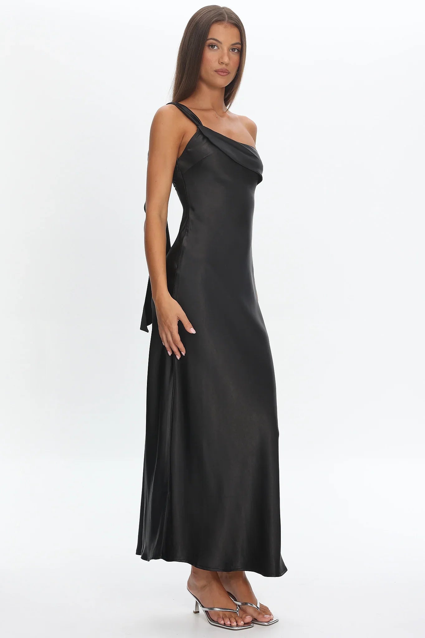 Carmel One-Shoulder Sash Maxi Dress Black