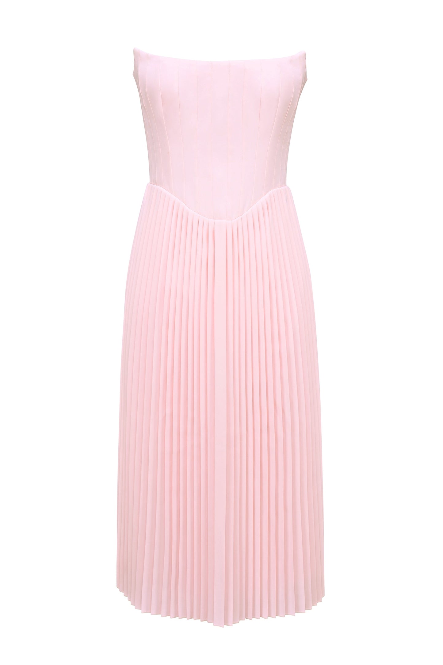 pink pleated midi corset dress