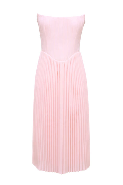 pink pleated midi corset dress
