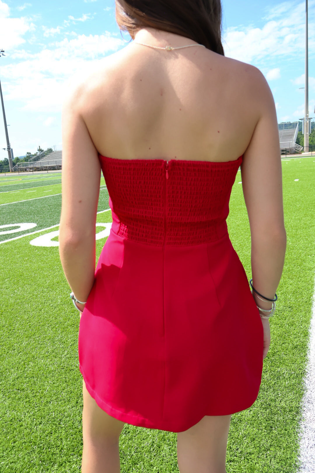 Cherry Red Strapless Romper Dress with Front Pockets