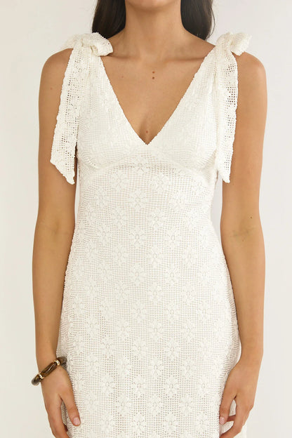 Mykonos Morning Tied Shoulder Maxi Dress Crochet White