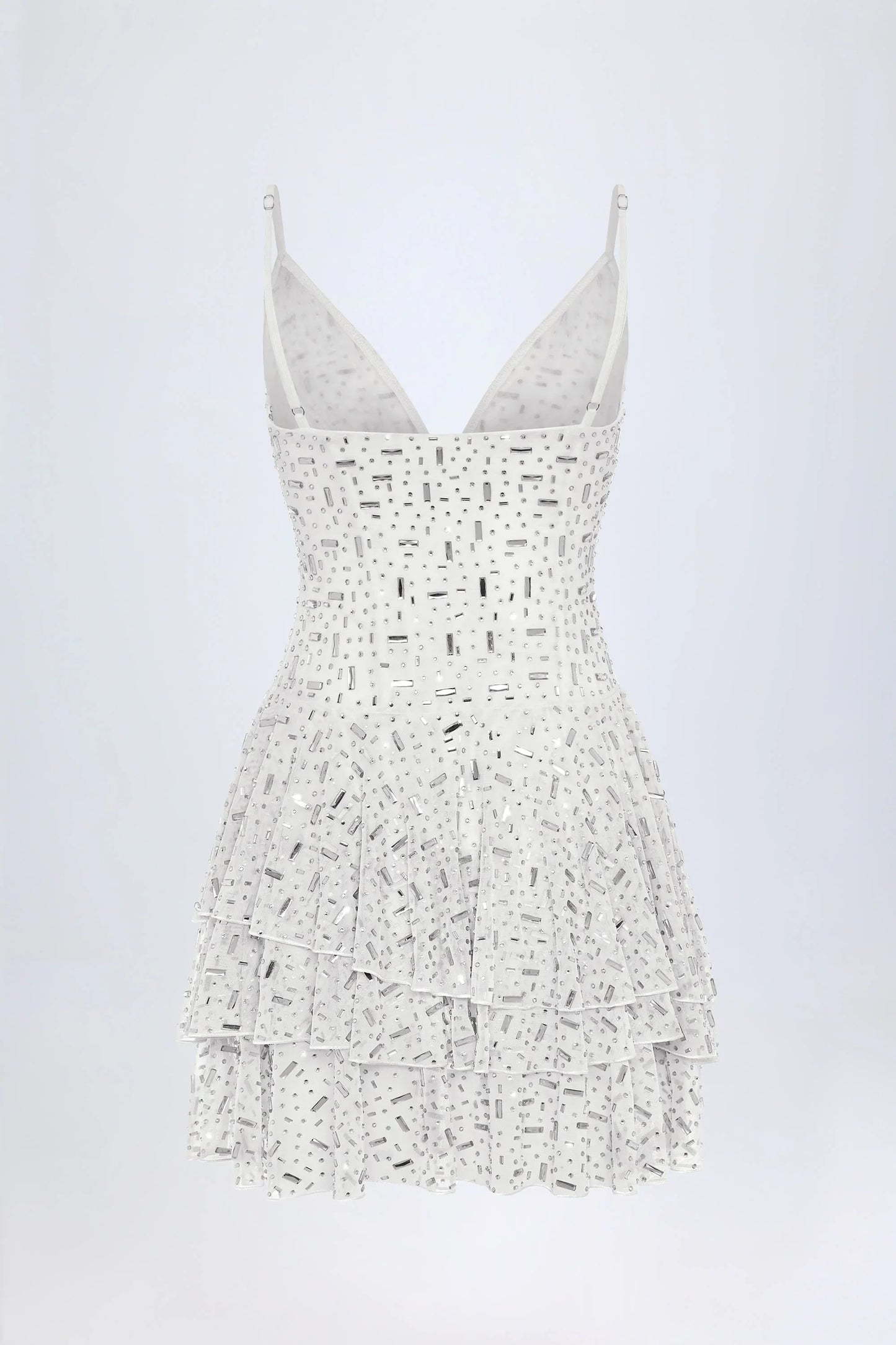 Embellished Ruffled Tiered Mini Dress in White