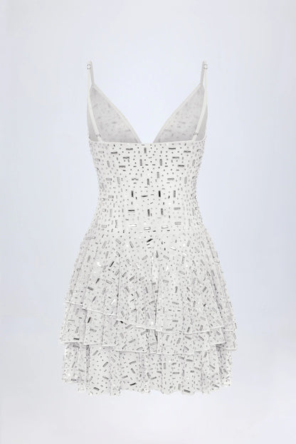 Embellished Ruffled Tiered Mini Dress in White