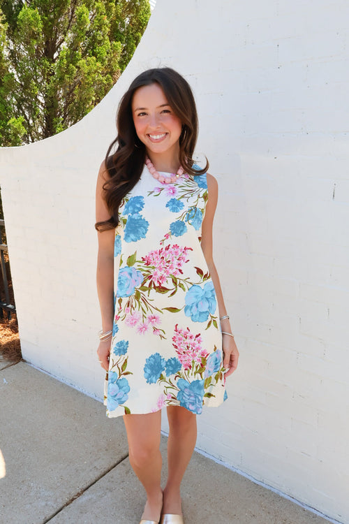 Blue Floral Linen Blend Shift Dress