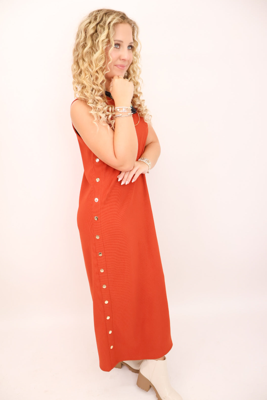 Gold Studded Rust Sleeveless Midi Dress
