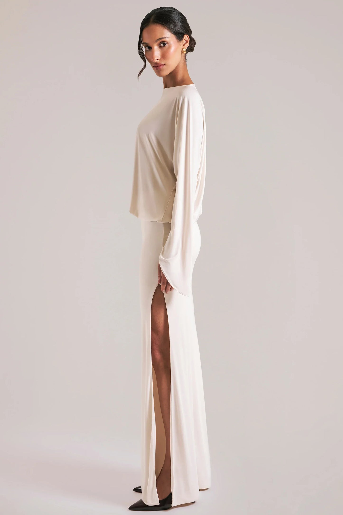 Long-Sleeve Draped Maxi Dress in Ivory