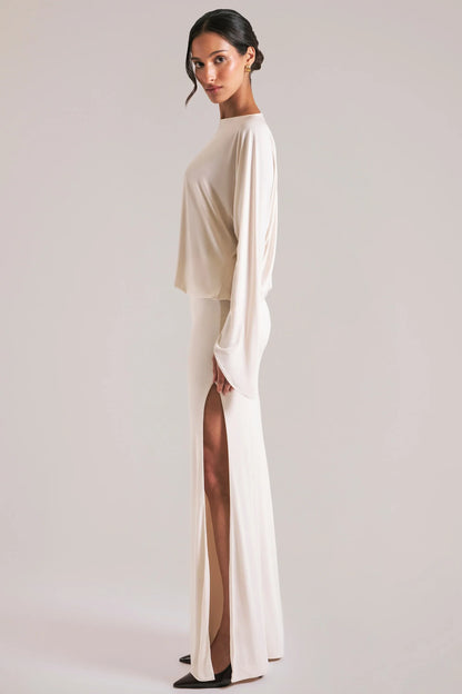 Long-Sleeve Draped Maxi Dress in Ivory