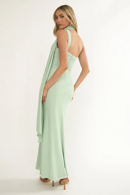 Ilyse Neck Scarf One-Shoulder Maxi Dress Mint