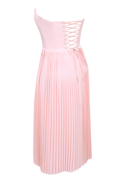 pink pleated midi corset dress
