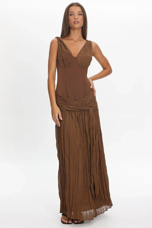 Keia Crepe Chiffon One-Shoulder Maxi Dress Chocolate